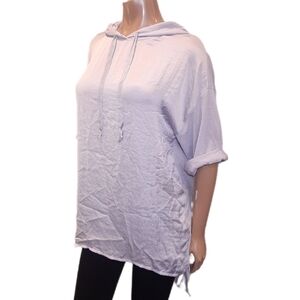 Zara Slouchy Hooded Tunic Top Flowy Satin Cuffed Short Sleeve Purple Medium